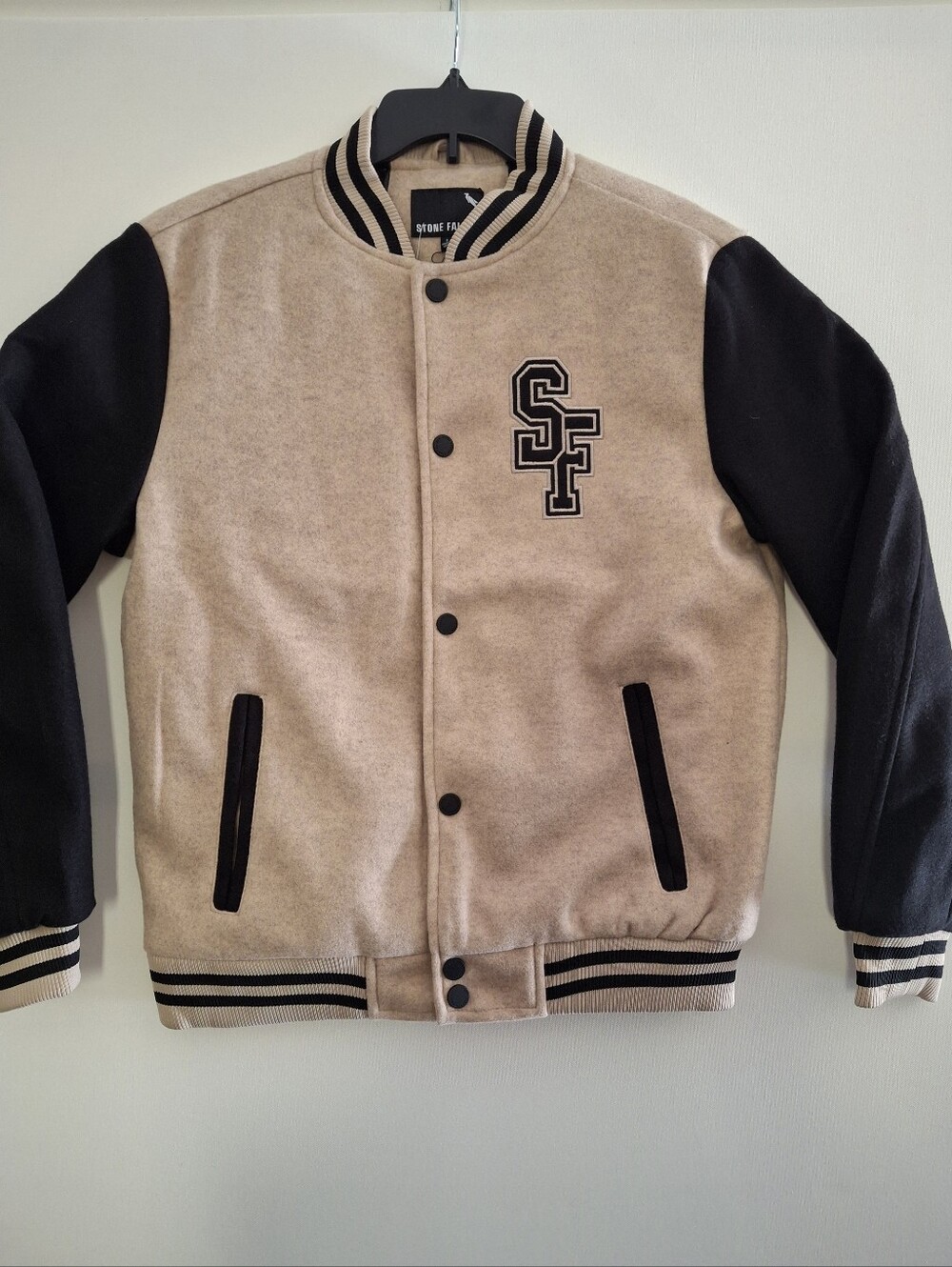 Stone Falcon Mens Sand and Black Varsity Jacket - Classic Letterman Style Small